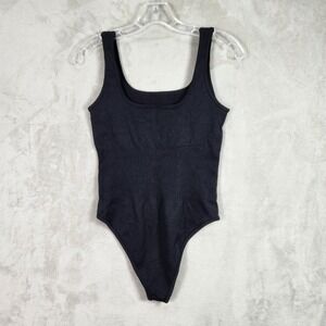OQQ Bodysuit Womens Large Black Ribbed Sleeveless Square Neck Thong Athleisure